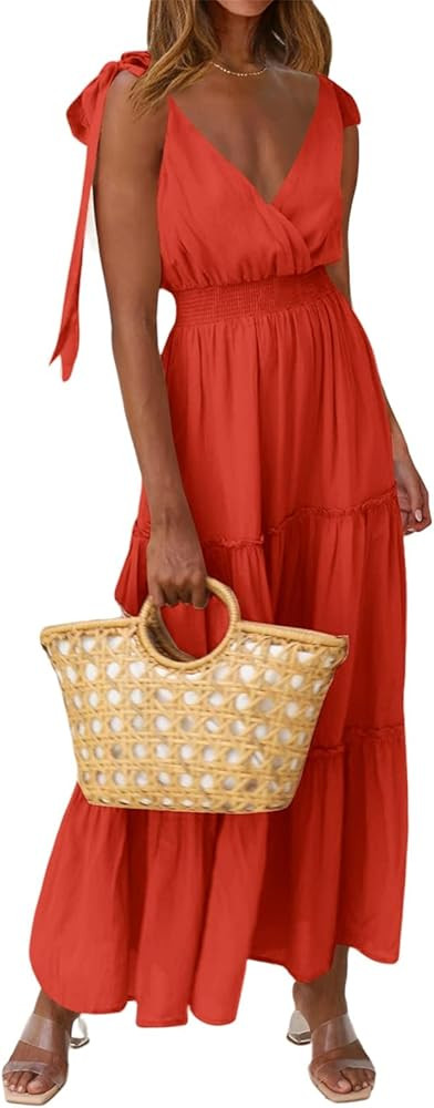 PRETTYGARDEN Women's Cross Neck Summer Sleeveless Tiered Maxi Dress Beach Tie Strap Smocked Long ... | Amazon (US)