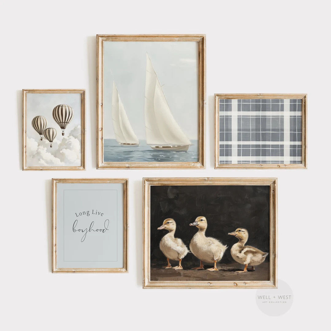 Vintage Boy Nursery Set of Five Light Blue Oil Paintings Boy's Room Prints Kids Room Decor Antiqu... | Etsy (US)