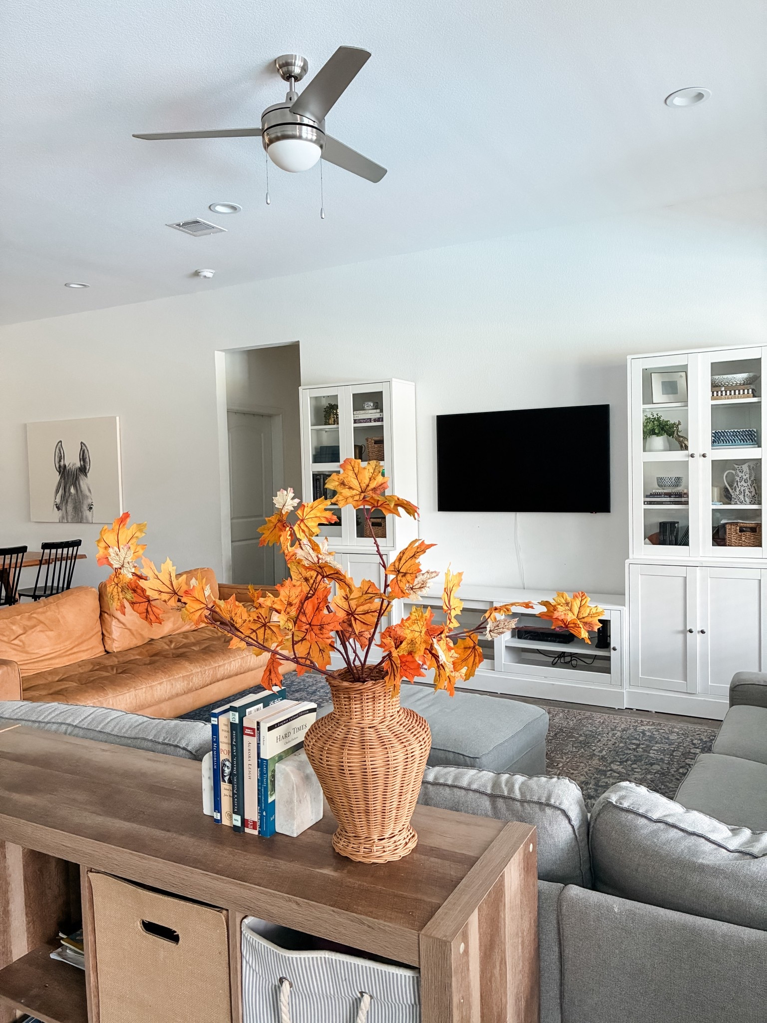 Simple swaps can make a big difference in seasonal decorating! Keep it simple. All I did was replace the Spring florals with the fall leaves. One of my favorite hacks has been using a Better Homes and Gardens 8 cube organizer as a behind the sofa table. 

#LTKHome #LTKSeasonal