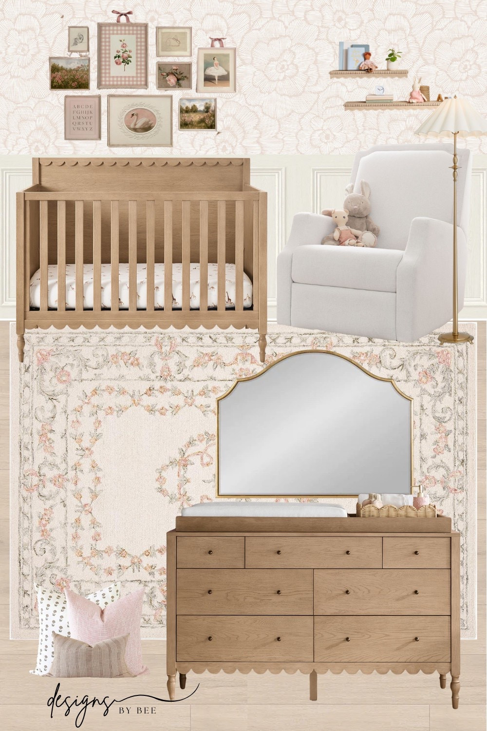 nursery decor, baby room, scalloped furniture, wood crib, nursery glider, gallery wall, vintage nursery, floral wallpaper, nursery rug, nursery lighting, girl nursery, neutral nursery, nursery inspiration, nursery dresser, changing table 

 #LTKHome #LTKBaby

Comment SHOP below to receive a DM with the link to this post on my LTK ⬇ https://liketk.it/5KhpT