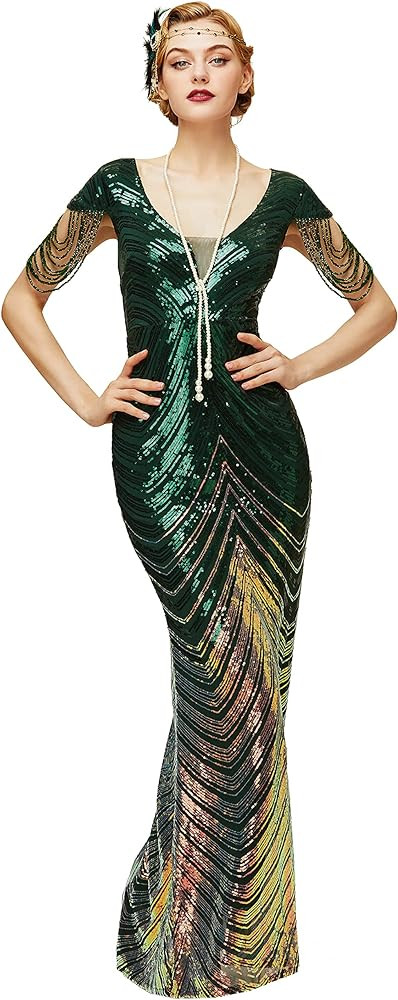 BABEYOND Mermaid Sequin Gown Bodycon Maxi Prom Dress V Neck Evening Party | Amazon (US)
