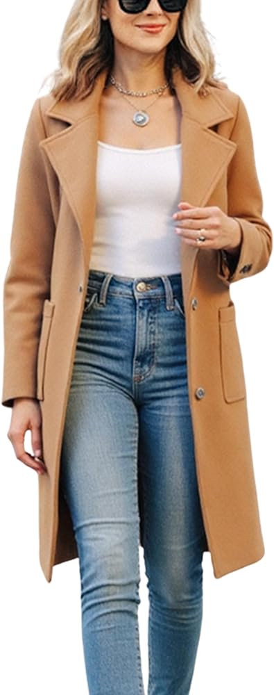 Omoone Women's Winter Wool Blend Coat Notch Lapel Mid Long Single Breasted Pea Coat Jacket Outwea... | Amazon (US)