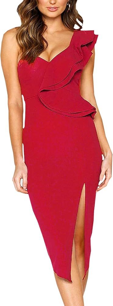 Amazon.com: ECOWISH Women's Dresses Sexy Ruffle One Shoulder Sleeveless Split Bodycon Midi Party ... | Amazon (US)
