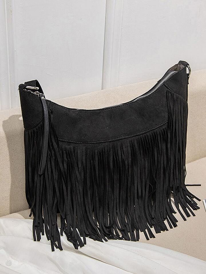 Medium Hobo Bag Fringe Decor Solid Black | SHEIN