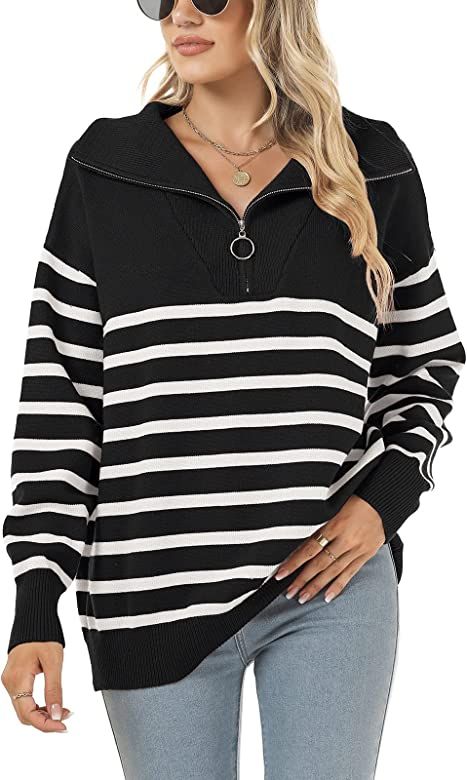 ELGOGY Women's Striped Sweater Half Zip V Neck Long Sleeve Oversized Pullover Sweaters | Amazon (US)