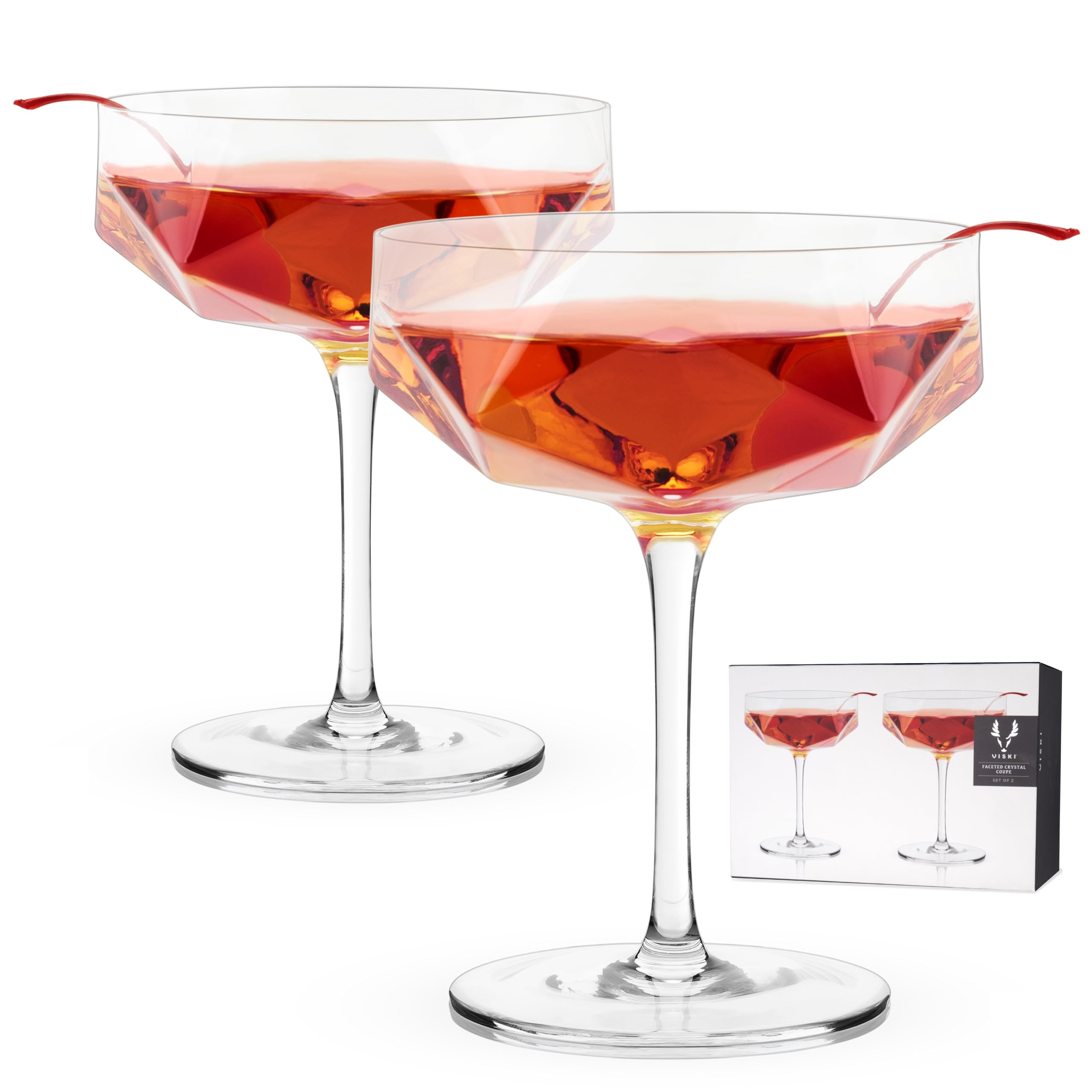 Viski Faceted Coupe Glasses set of 2, Champagne, Martini, Wine, Crystal Cocktail Glasses for Bar,... | Amazon (US)