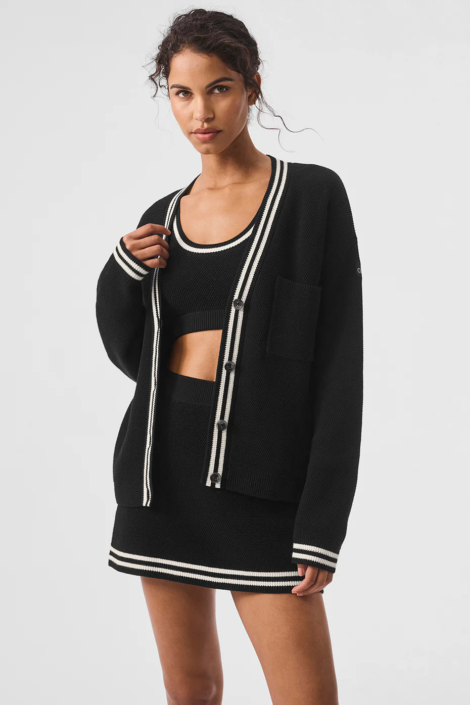 ALO | Tennis Club Sweater Knit Cardigan Top in Black/Ivory, Size: Large | Alo Yoga (US)