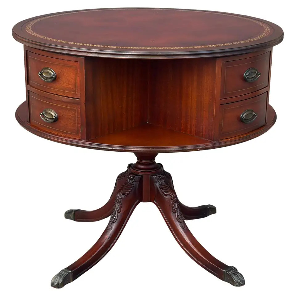 Vintage Regency Style Mahogany Rotating Drum Tooled Leather Top Rent Table | 1stDibs