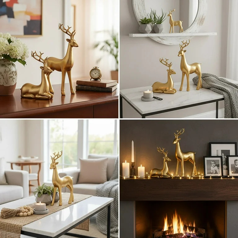 DAMAI 2 Pcs Christmas Reindeer Figurines Decorations,Resin Sitting Standing Xmas Deer Statues, Go... | Walmart (US)