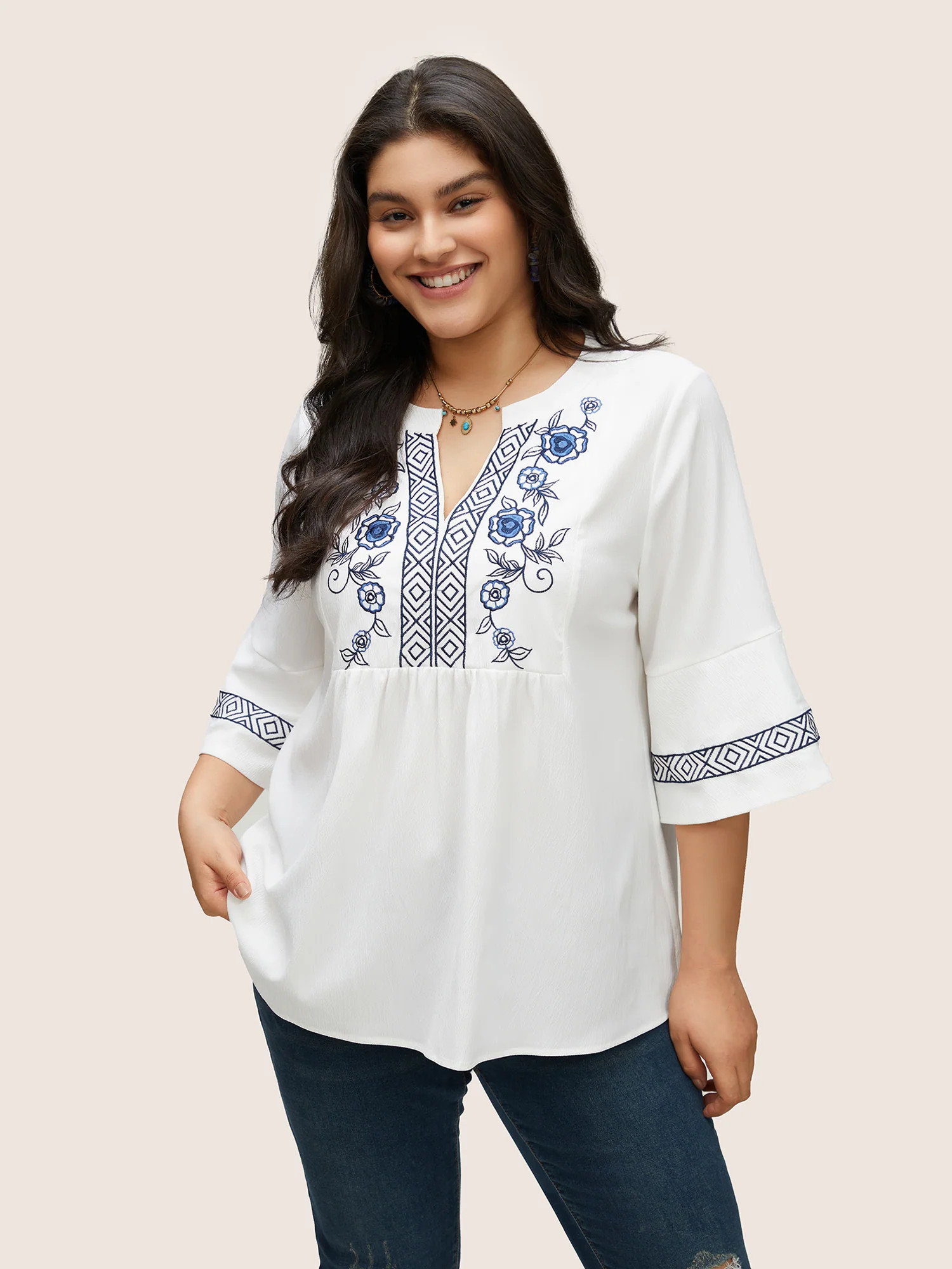 Boho Print Embroidered Gathered Notched Blouse | Bloomchic