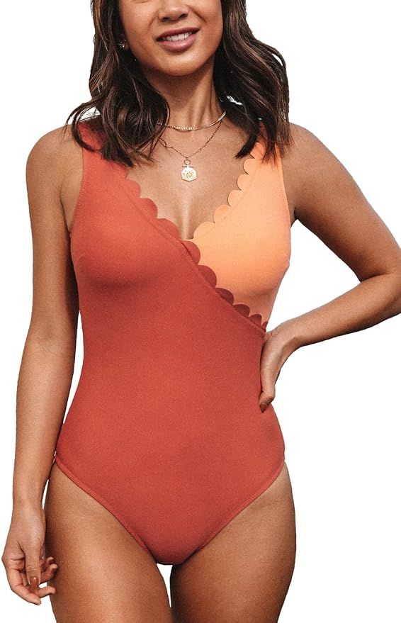 CUPSHE Women's Scalloped One Piece Swimsuit Double V Neck Color Block Bathing Suit | Amazon (US)