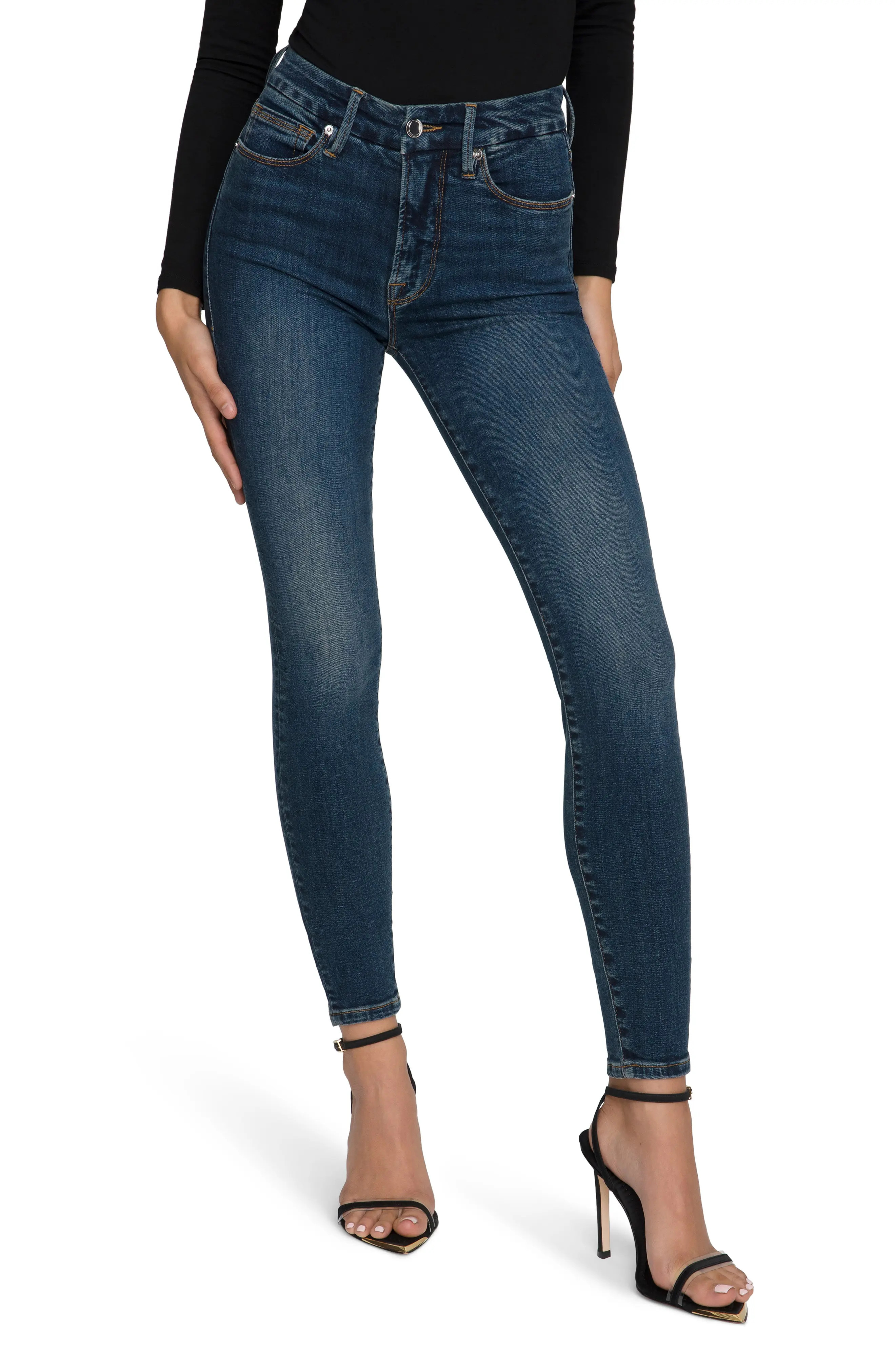 Good American Good Legs Deep-V High Waist Ankle Skinny Jeans in Blue609 at Nordstrom, Size 2 | Nordstrom