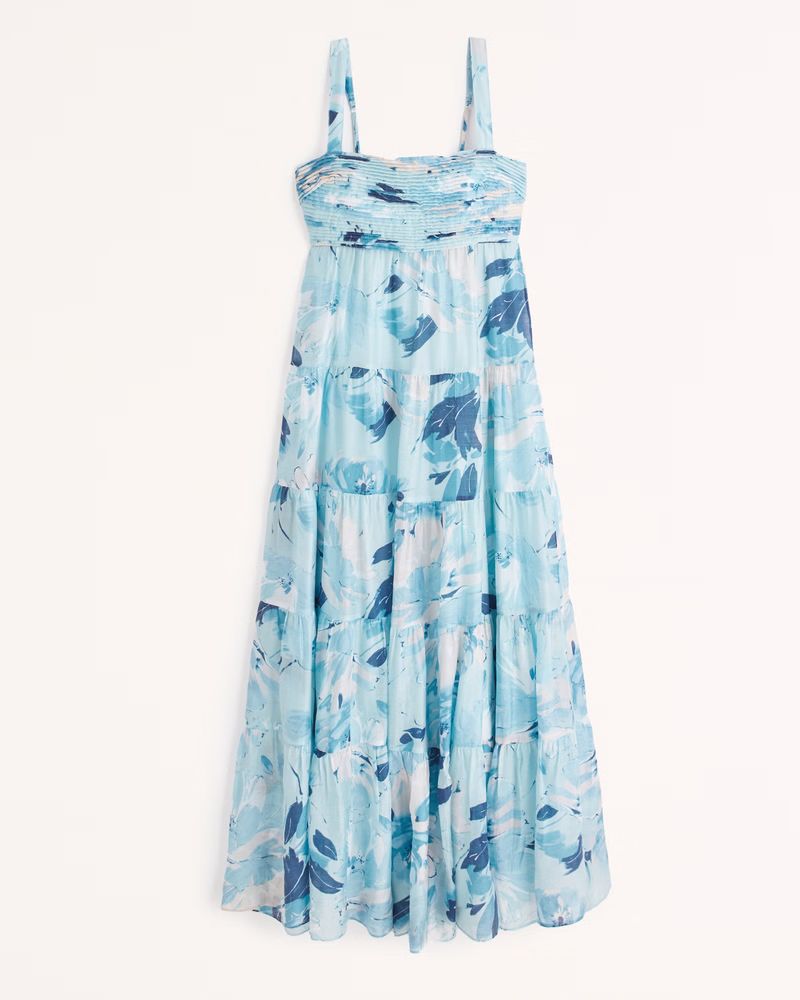 Women's Tiered Ruched Babydoll Maxi Dress | Women's Clearance | Abercrombie.com | Abercrombie & Fitch (US)