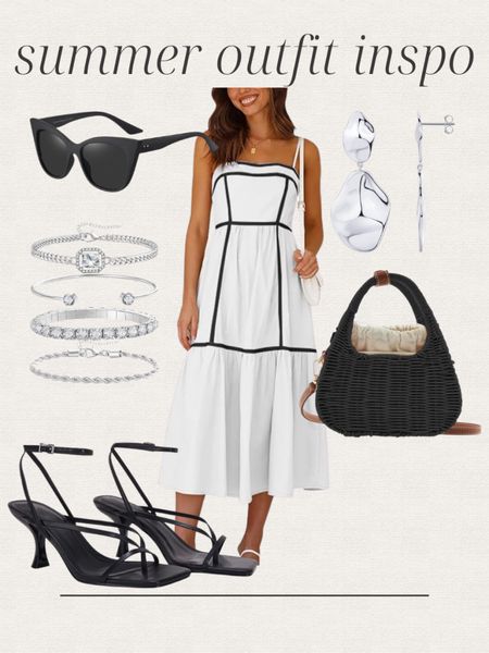 Amazon summer outfit inspo, white maxi dress, silver earrings, silver bracelet set, handbag, heels, sunglasses, vacation outfit, date night outfit 

#LTKFindsUnder50 #LTKItBag #LTKStyleTip