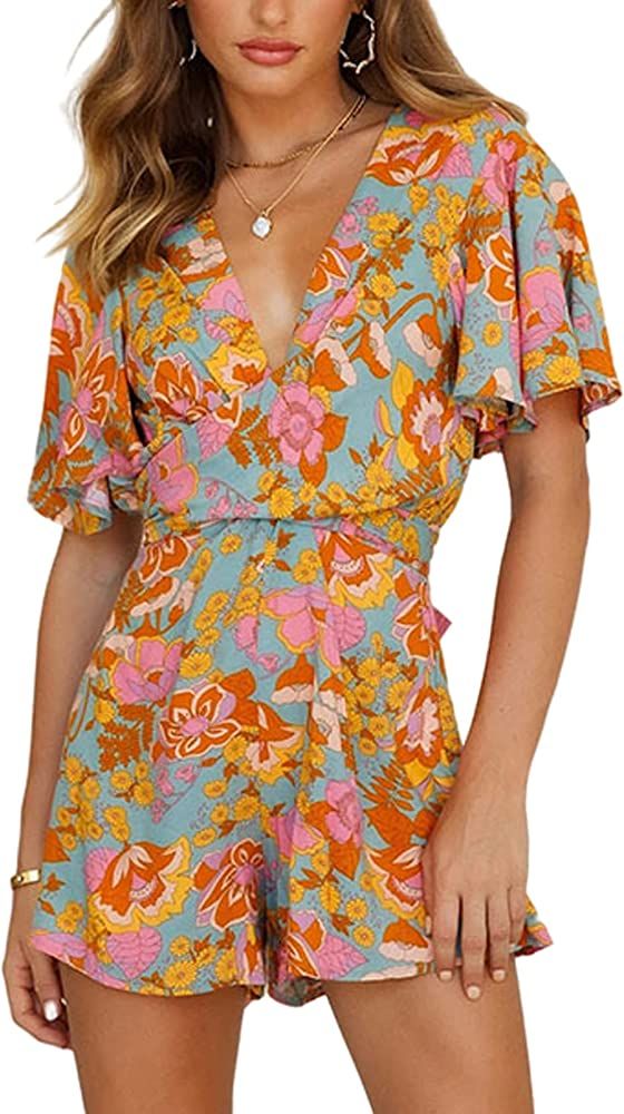 LYANER Women's Jumpsuit Floral Print Deep V Neck Short Sleeve Tie Mini Short Romper | Amazon (US)