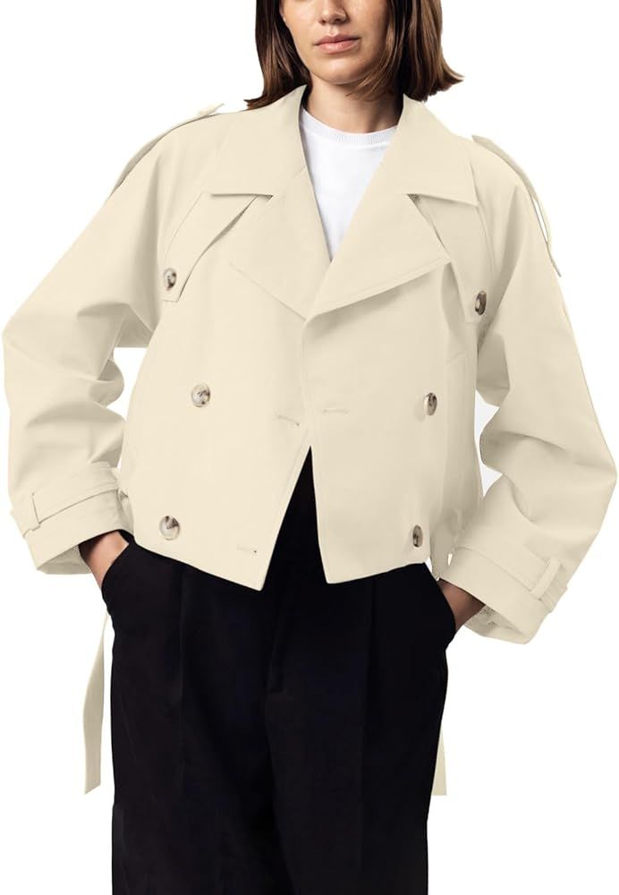 Imily Bela Womens Lapel Trench Coat Double Breasted Cropped Jacket Casual Outwear with Belt | Amazon (US)