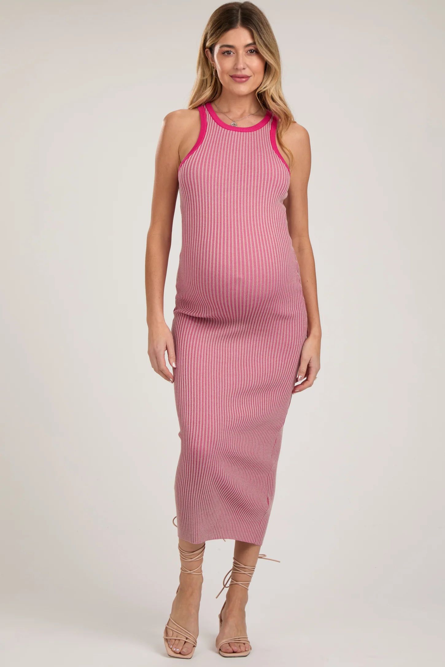 Pink Ribbed Knit Sleeveless Fitted Maternity Midi Dress | PinkBlush Maternity