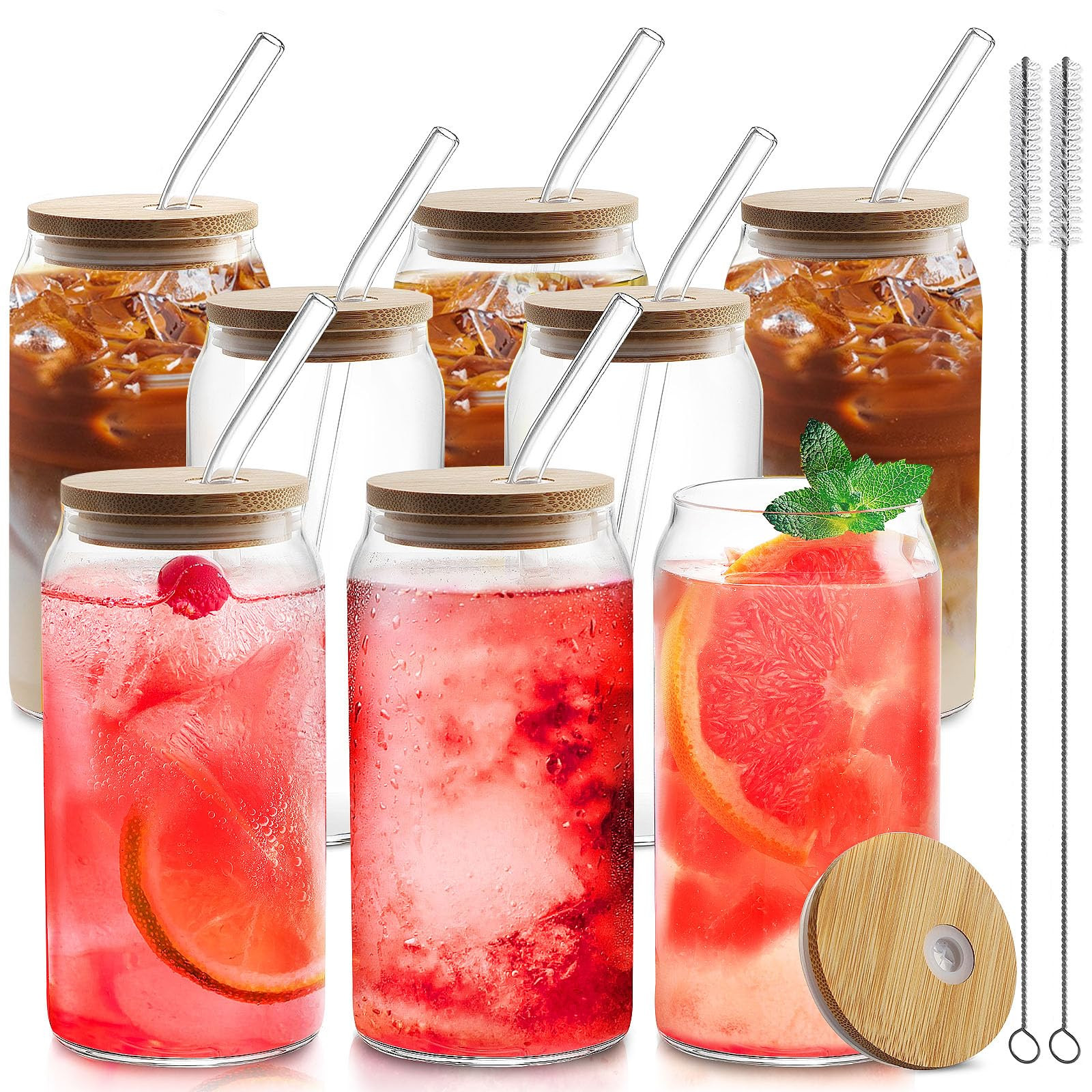 HOMBERKING Glass Cups with Bamboo Lids and Straws 8pcs Set, 20oz Cups, Beer Glasses, Iced Coffee ... | Amazon (US)