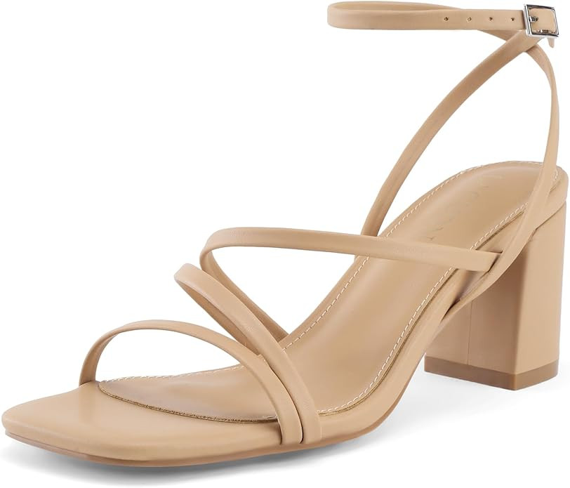 LACUONE Women's Mid Heels Square Toe Chunky Block Heeled Strappy Ankle Buckle Pump Sandals | Amazon (US)