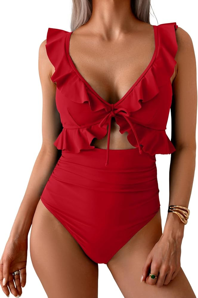 Eomenie One Piece Swimsuit for Women Tummy Control Ruffle Bathing Suit V Neck Ruched Swim Suit Sl... | Amazon (US)