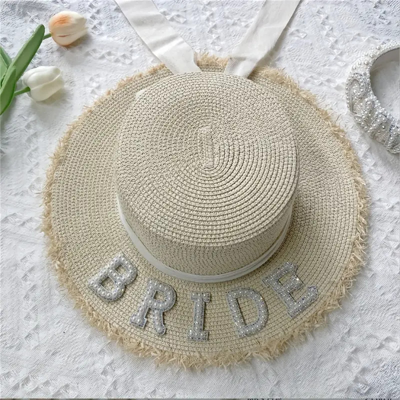 Faux Pearl Bride Hat Elegant   Hem Straw Hats White Bridal - Temu | Temu Affiliate Program