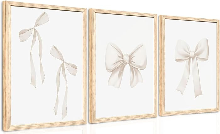 PicturePerfect Decor Set of 3 Bow Wall Art, 12x16Inch Framed Canvas Prints - Cream Ribbon Wall De... | Amazon (US)