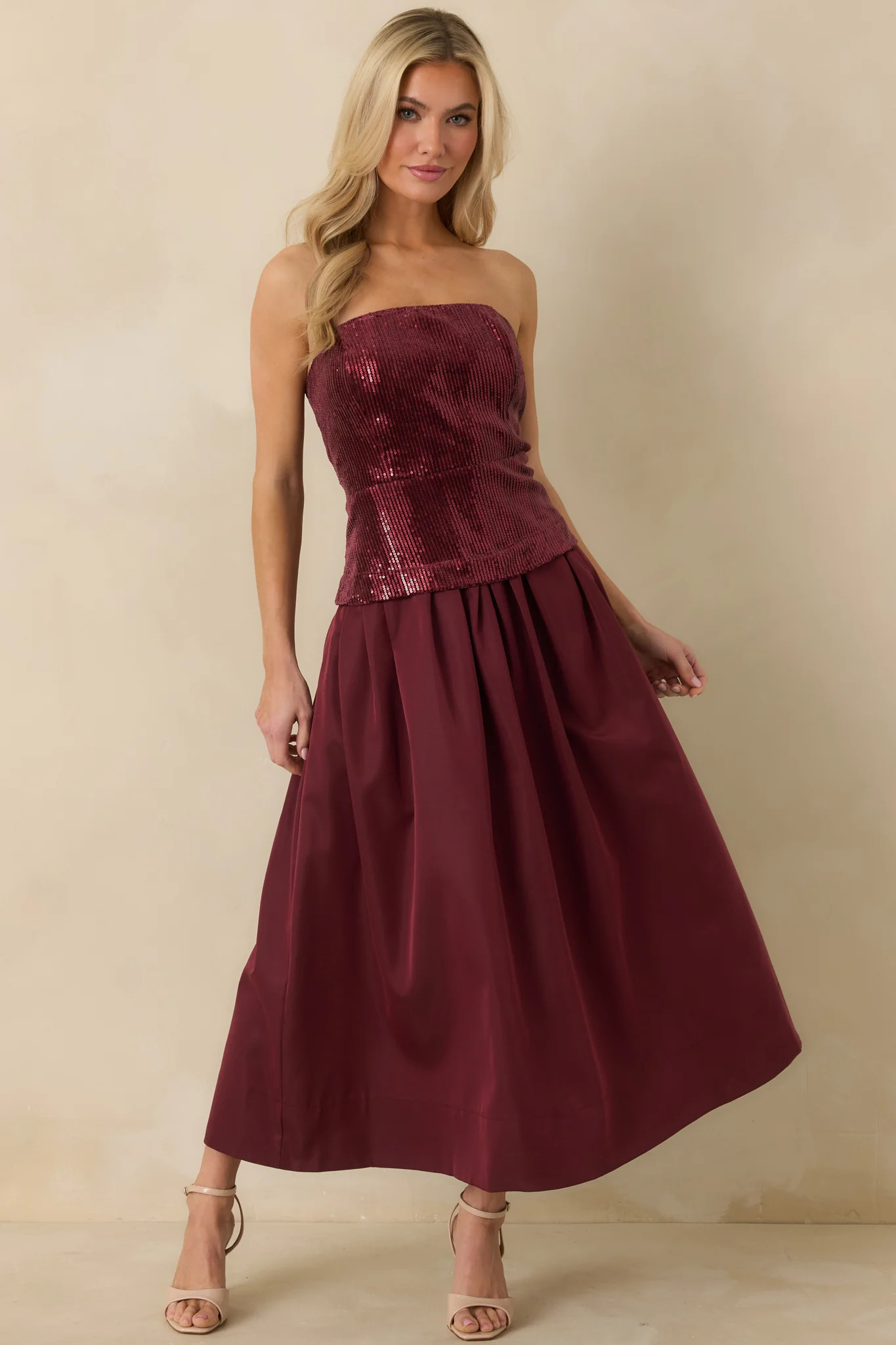 Sips & Sparkles Wine Red Sequin Strapless Midi Dress | Red Dress