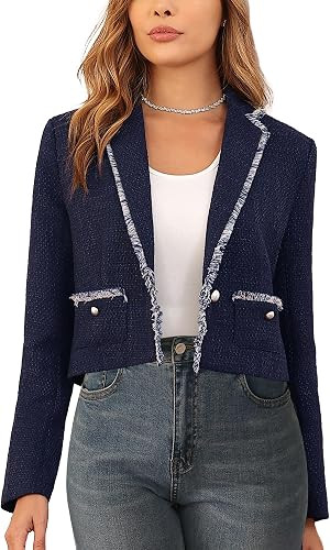 M.Infisavo Women’s Cropped Tweed Jacket Blazer with Pockets Notch Lapel | Cropped Blazer, Real ... | Amazon (US)