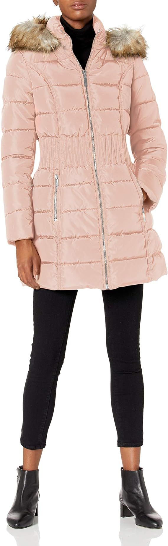 LAUNDRY BY SHELLI SEGAL womens 3/4 Puffer With Zig Zag Cinched Waist and Faux Fur Trim Hood | Amazon (US)