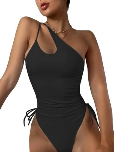 Eomenie Women's One Piece One Shoulder Swimsuit with Drawstring Tummy Control Bathing Suit Sexy High Cut Swim Suits Black | Amazon (US)