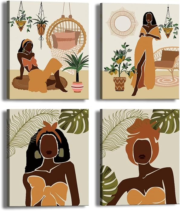 Framed Boho Black Women Canvas Wall Art Set of 4,8x10 Inch | Amazon (US)