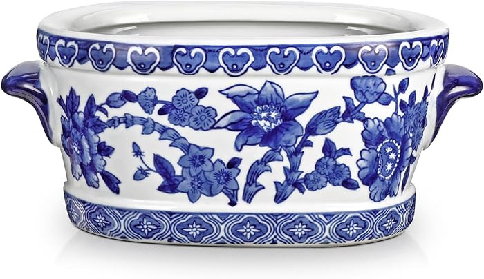 Blue and White Ceramic Planter Pot – Vintage Floral Oval Cachepot Vase for Indoor Plants, Flowe... | Amazon (US)