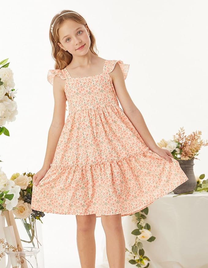 Amazon.com: GRACE KARIN Girls Casual Dress Tie Back Flutter Sleeve A-line Dress Orange Floral 10Y... | Amazon (US)