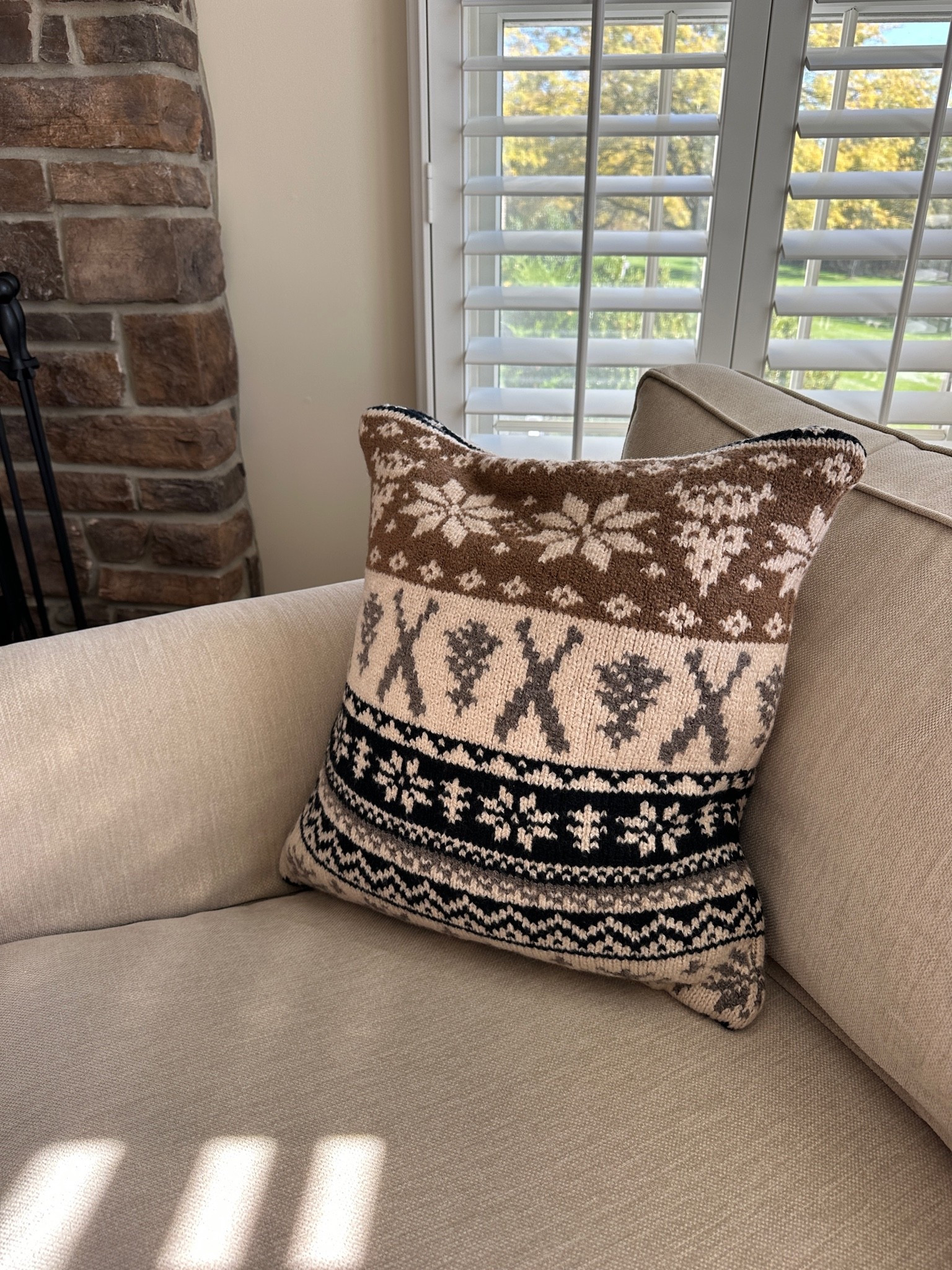 A pretty fair isle ski pillow for winter decorating.  I bought 2 for our Vermont condo!  (It comes in a throw blanket too!)

#ltkski #ltkapresski #ltkhome
