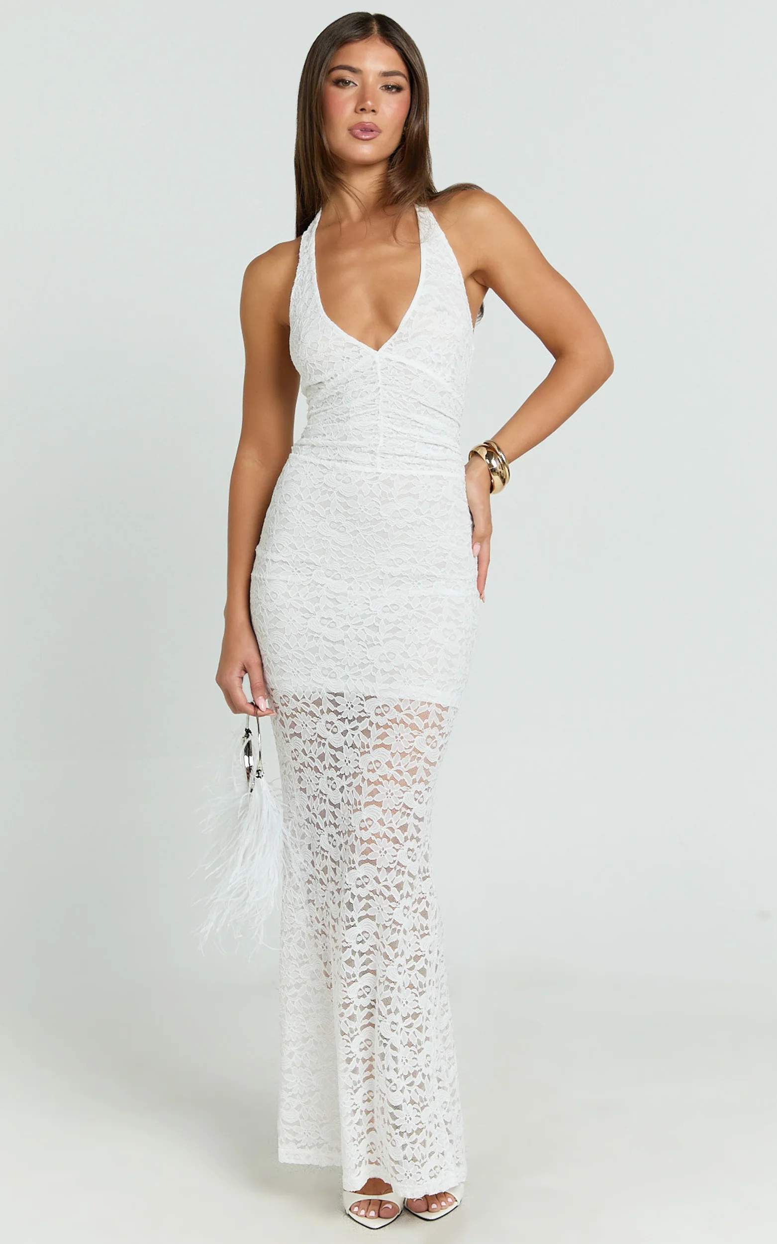 Vivette Maxi Dress - Lace Plunge Keyhole Front Bodycon Dress in Ivory | Showpo (US, UK & Europe)