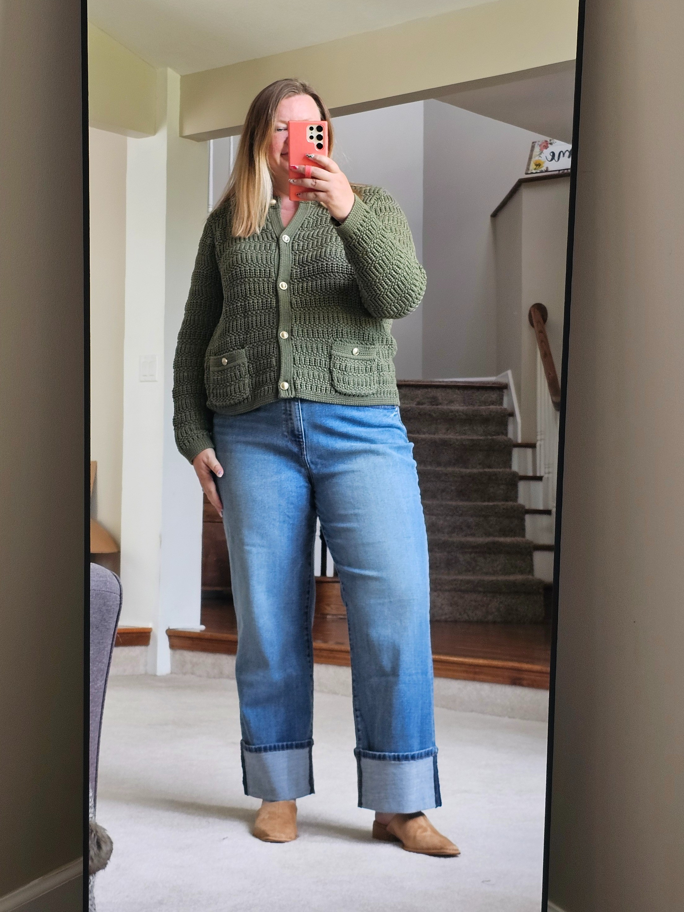 This cardigan is thicker heavier knit material and great for work or daily wear.  This is an XXL.  Cuffed denim are a size 18.  Suede Mules are TTS.  

#LTKOver40 #LTKSaleAlert #LTKFindsUnder100