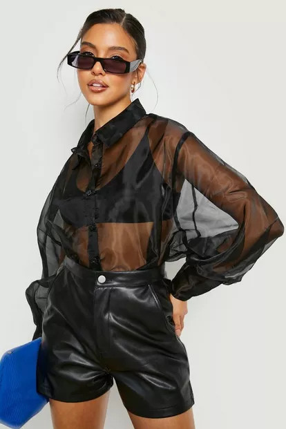 Black Organza Balloon Sleeve Oversized Shirt | Boohoo.com (UK & IE)