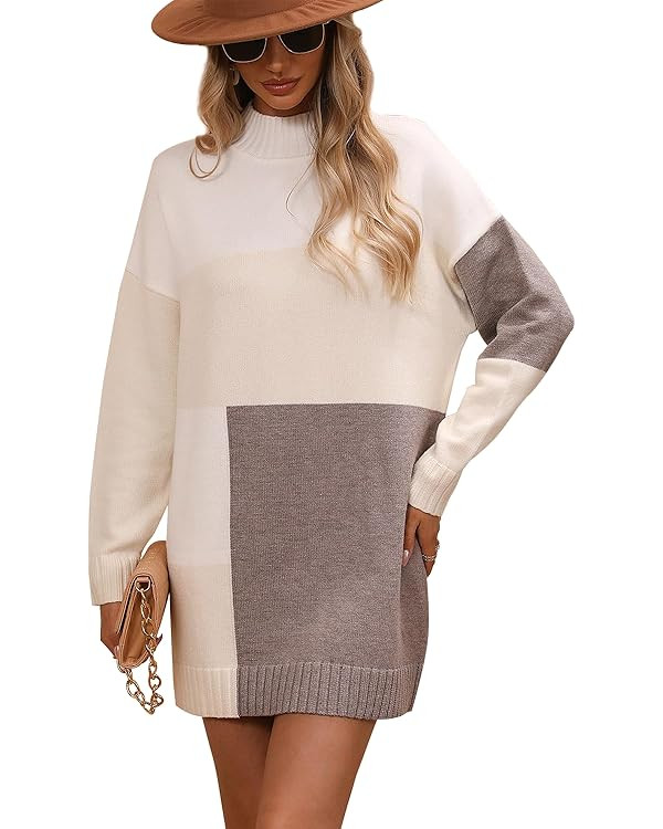 yoeasy Women's Color Block Knit Tunic Sweater Dress Crew Neck Long Sleeve Mini Tunic Pullover Swe... | Amazon (US)