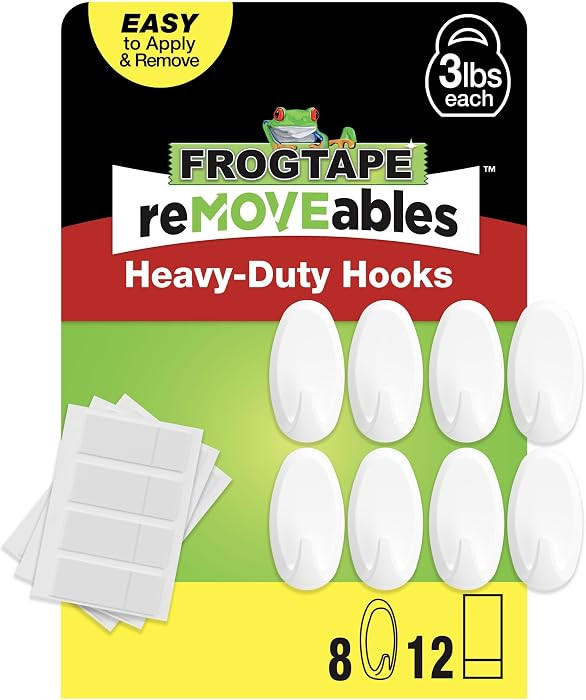 FrogTape reMOVEables Heavy Duty Wall Hooks - 8 Hooks and 12 Strips - Holds up to 3 lbs - No Damag... | Amazon (US)