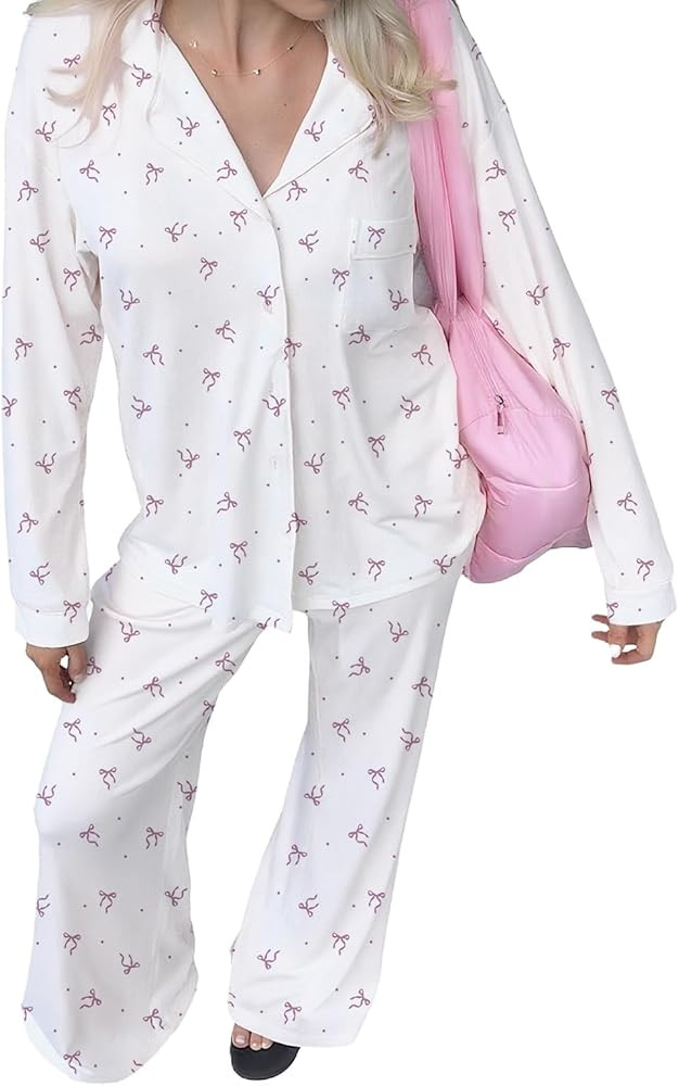 Bow Pajama Sets for Women 2 Piece Cute Print Lounge Long Sleeve Button Down Shirts Sleepwear Y2k ... | Amazon (US)