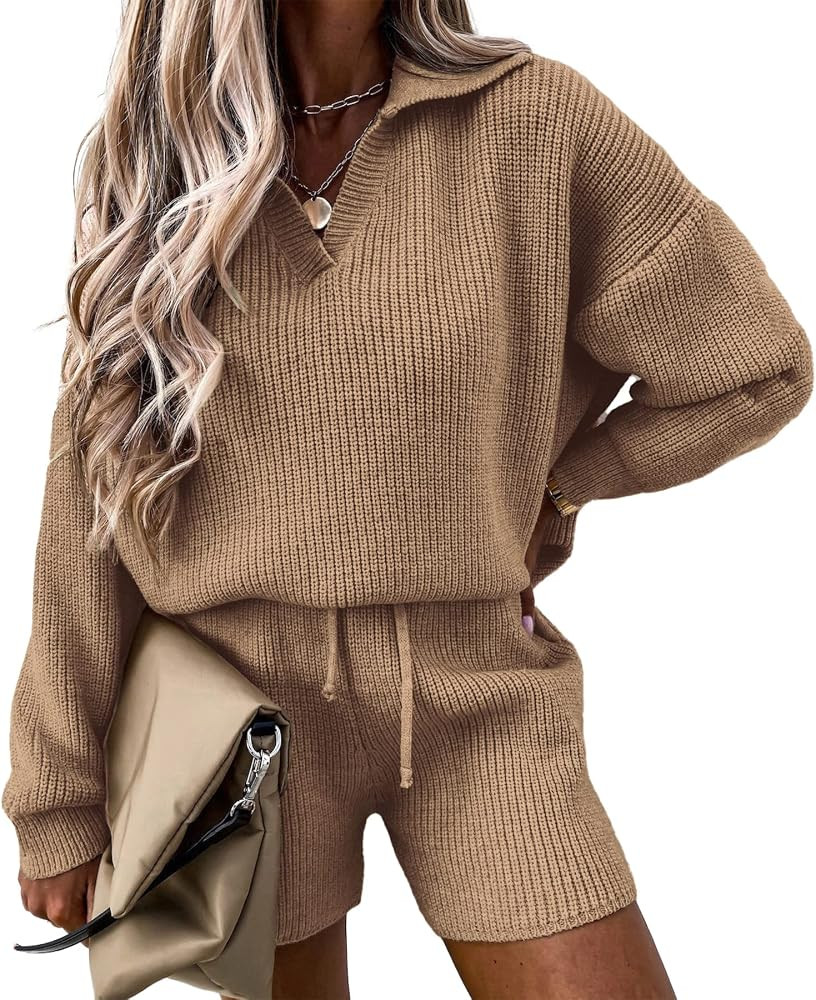 PRETTYGARDEN Women's 2 Piece Outfits 2024 Winter Long Sleeve V Neck Knit Pullover And Shorts Swea... | Amazon (US)