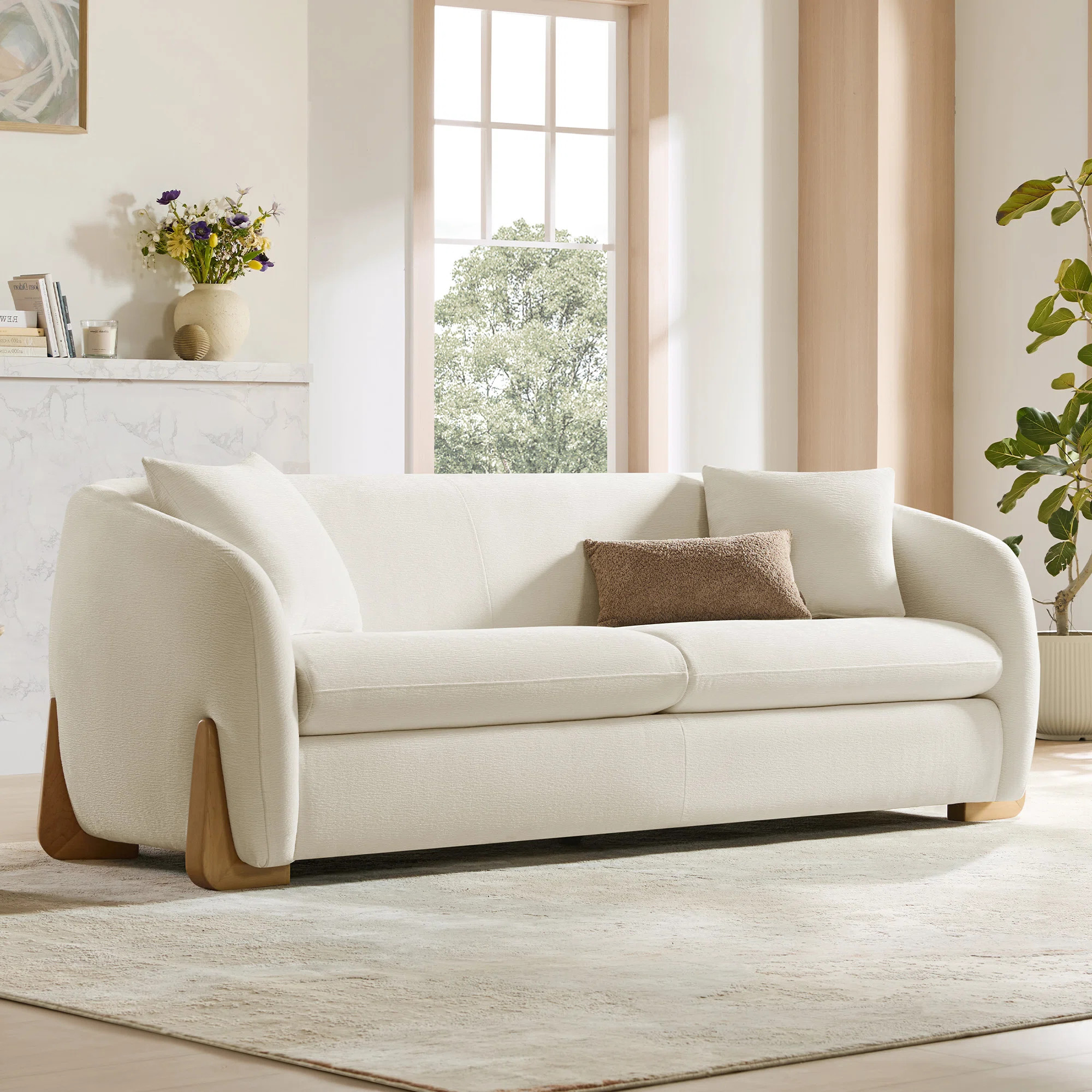 90'' Upholstered Modern Curved Chenille Sofa with Unique Wood Legs | Wayfair North America