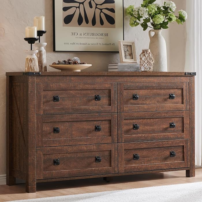 T4TREAM Farmhouse 6 Drawers Dresser for Bedroom, Wood Rustic Wide Chest of Drawers, Storage Dress... | Amazon (US)