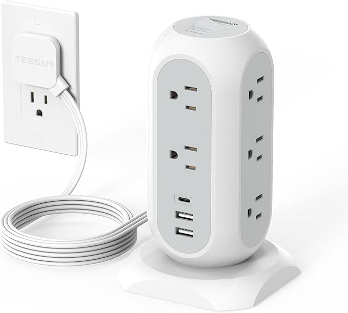 Tower Power Strip Flat Plug with 11 Outlets 3 USB (1 USB C), TESSAN Surge Protector Tower 1625W/1... | Amazon (US)