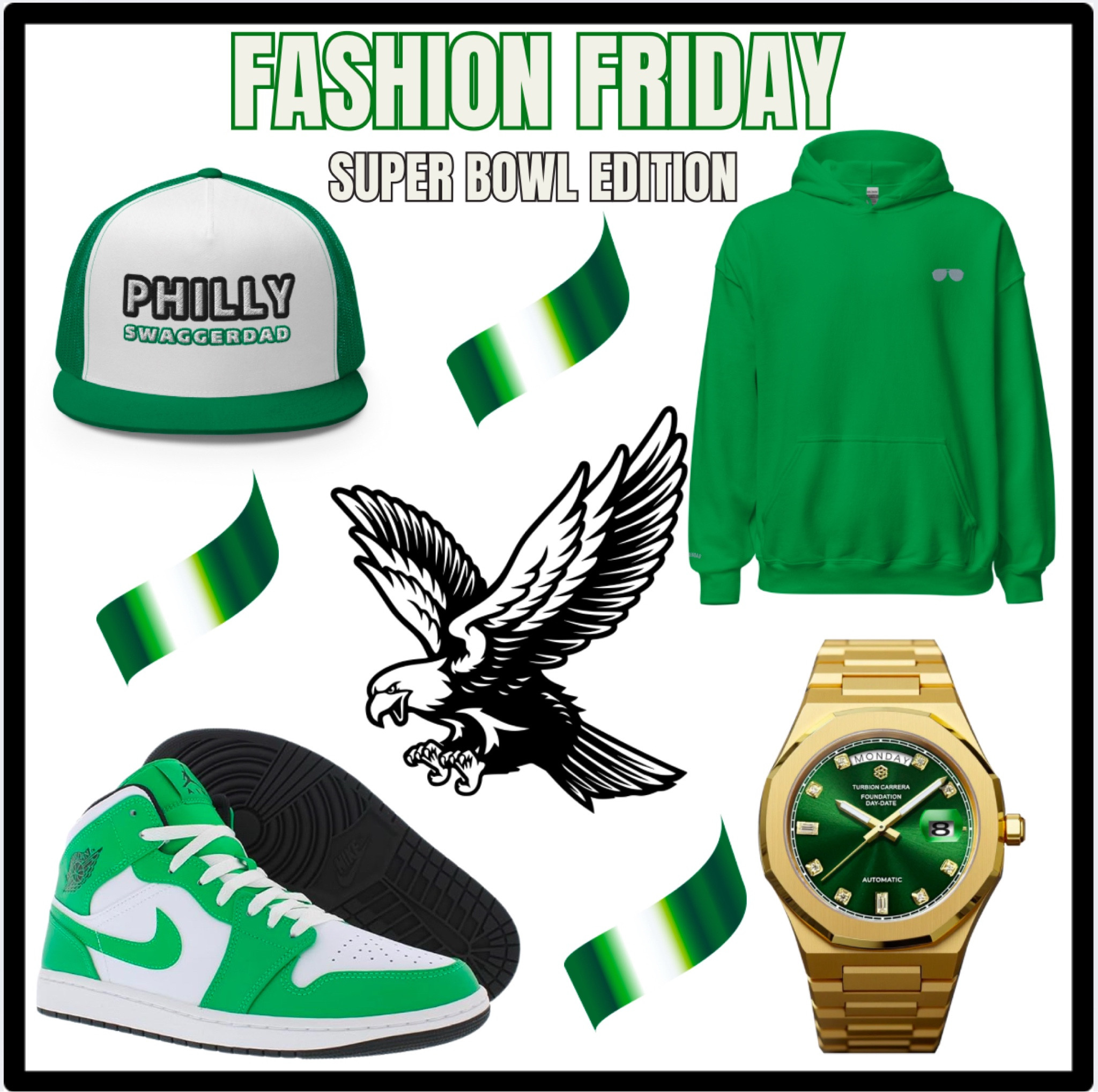 🔥 SD Fashion Friday: Super Bowl Edition 🔥

The stage is set, the energy is electric, and the Swaggerdad crew is stepping out in style for the BIG GAME! 🏆🏈 Whether you’re repping Philly or riding with KC, we got the perfect fit to match your team’s drip.

👀 Slide 2: Straight Philly vibes—Green Philly Snapback, Classic SD Green Hoodie, Green Nike Dunks, and the timeless Turbion Carrera Green & Gold watch. That’s championship swagger right there. 🦅💚

👀 Slide 3: Big Chiefs energy—Red & Yellow Snapback, Classic SD Red & Yellow Hoodie, Red Nike Dunks, and the Rose Gold Turbion Carrera to keep it icy. Fire from head to toe! 🔥🏹

No matter who you’re rocking with, it’s all about style, swagger, and sportsmanship. 💯 Good luck to both teams—may the best team win! 🎉🏆

Tag your squad & let us know who you got! ⬇️ #Swaggerdad #SDFashionFriday #SuperBowlStyle #FlyEaglesFly #ChiefsKingdom