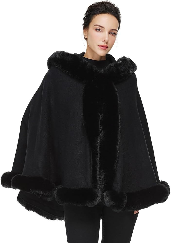 SUFCOMOU Poncho Hooded Shawl Wrap Women Cape Winter Faux Fur Trim Coat Sleeveless Cardigan Dressy... | Amazon (US)