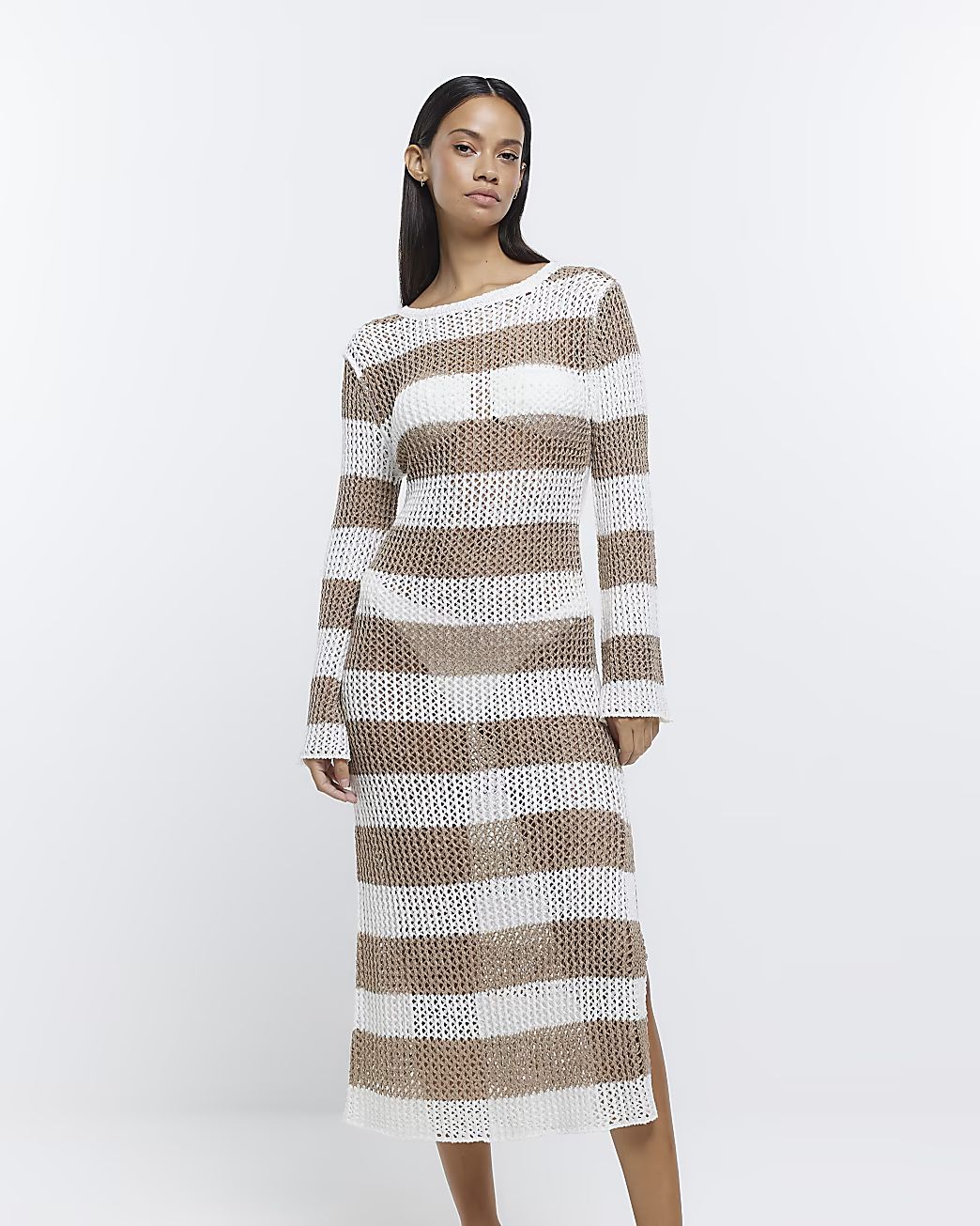 Beige knit striped beach midi dress | River Island (UK & IE)