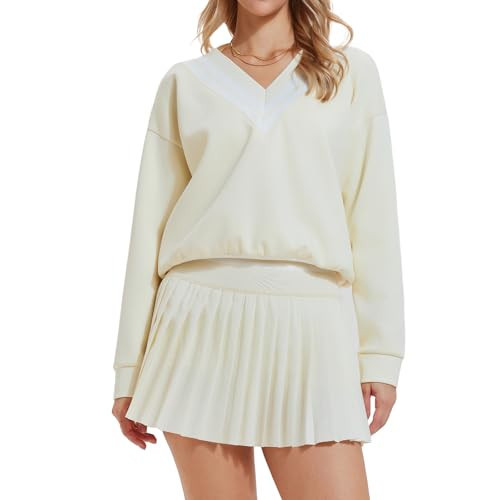 Womens Sweatsuits 2 Piece Set Color Block V Neck Sweatshirts High Waisted Tennis Long Sleeve Tops Running Golf Tracksuits Skirts Sets, Sunlight Yellow, M | Amazon (US)