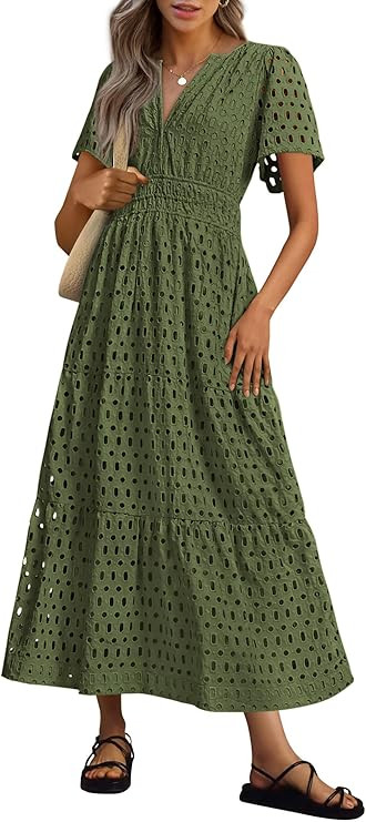 PRETTYGARDEN Womens 2025 Summer Maxi Dress Short Sleeve V Neck Hollow Out Eyelet A Line Long Flow... | Amazon (US)