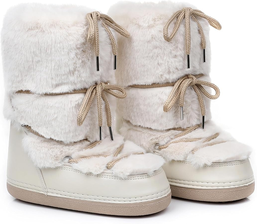 Faux Fur Snow Boots for Women,Furry Fuzzy Fluffy Womens Boots Lace-up Winter Warm Fur Lined Mid-C... | Amazon (US)